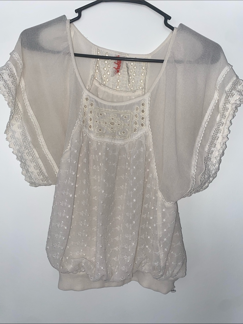 Free People Cream Sheer Embroidered Boho Blouse
